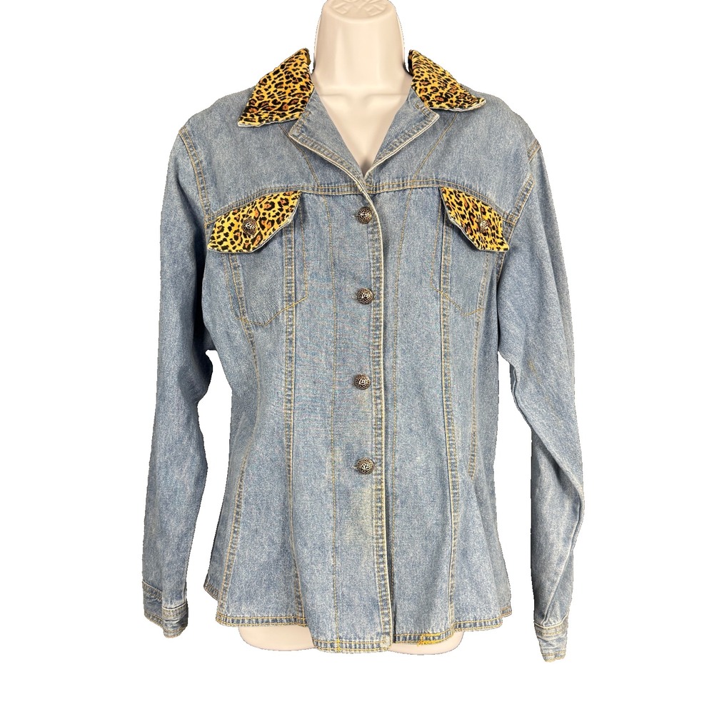 Vintage Monique Fashions Denim Jacket Leopard Print Collar Trim Womens Sz 14